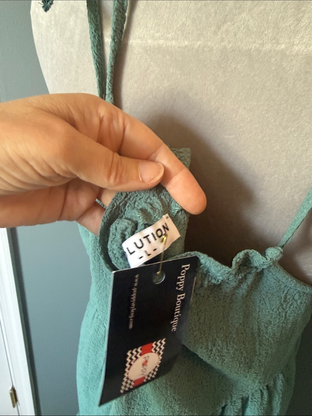 Sleeveless Tiered Smocked Halter Midi Dress - Seafoam Green size L, by Solution - Picture 8 of 9